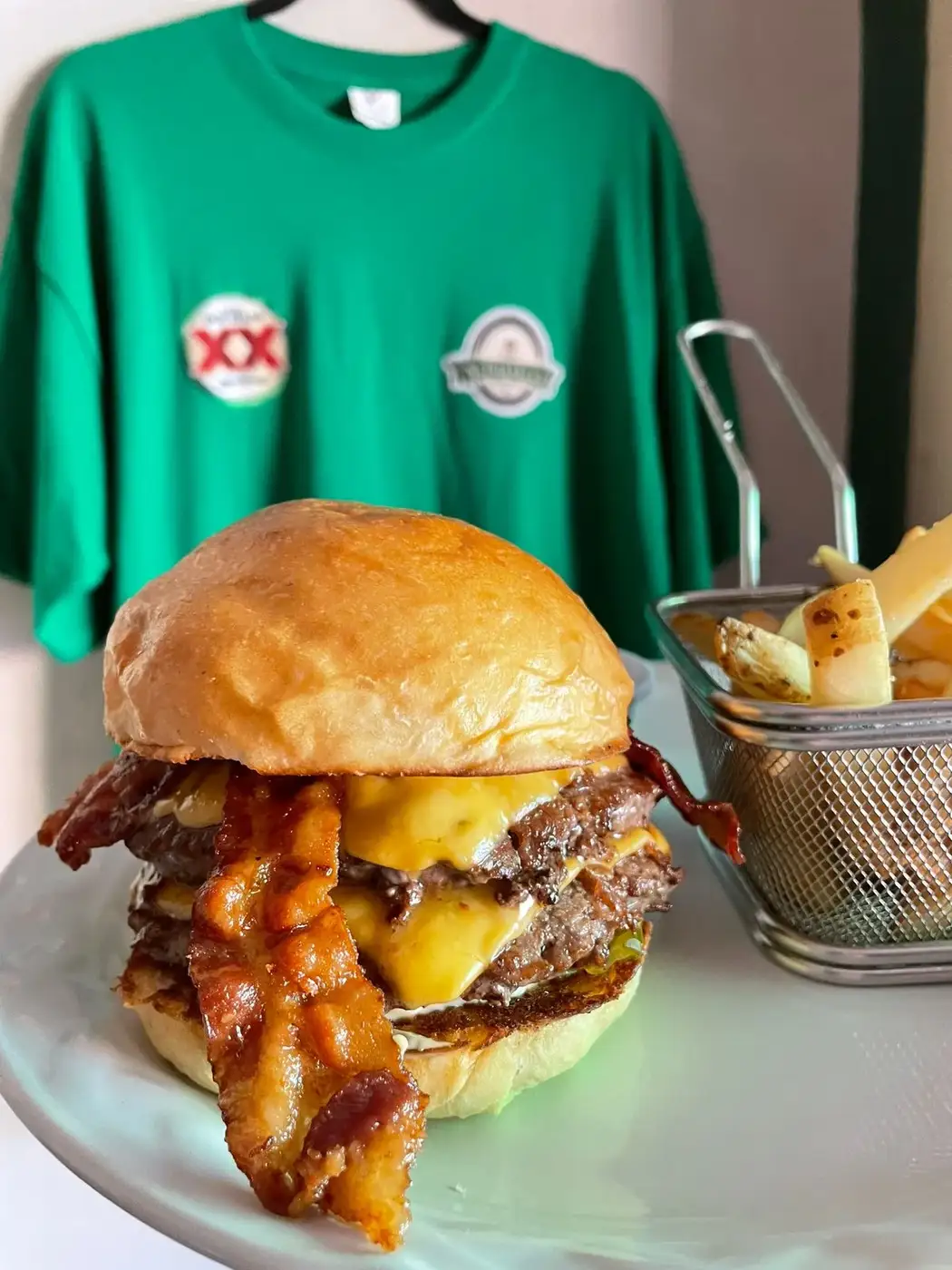 Double bacon cheeseburger with fries at St Patrick's Irish Pub