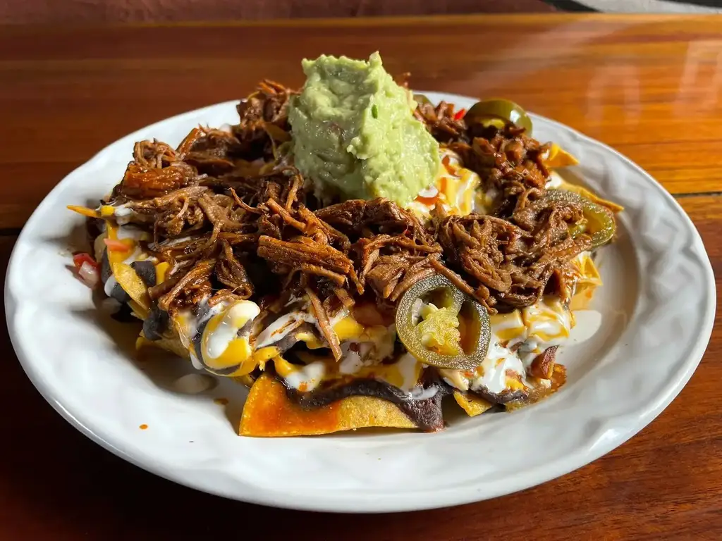 Loaded nachos topped with shredded beef and guacamole